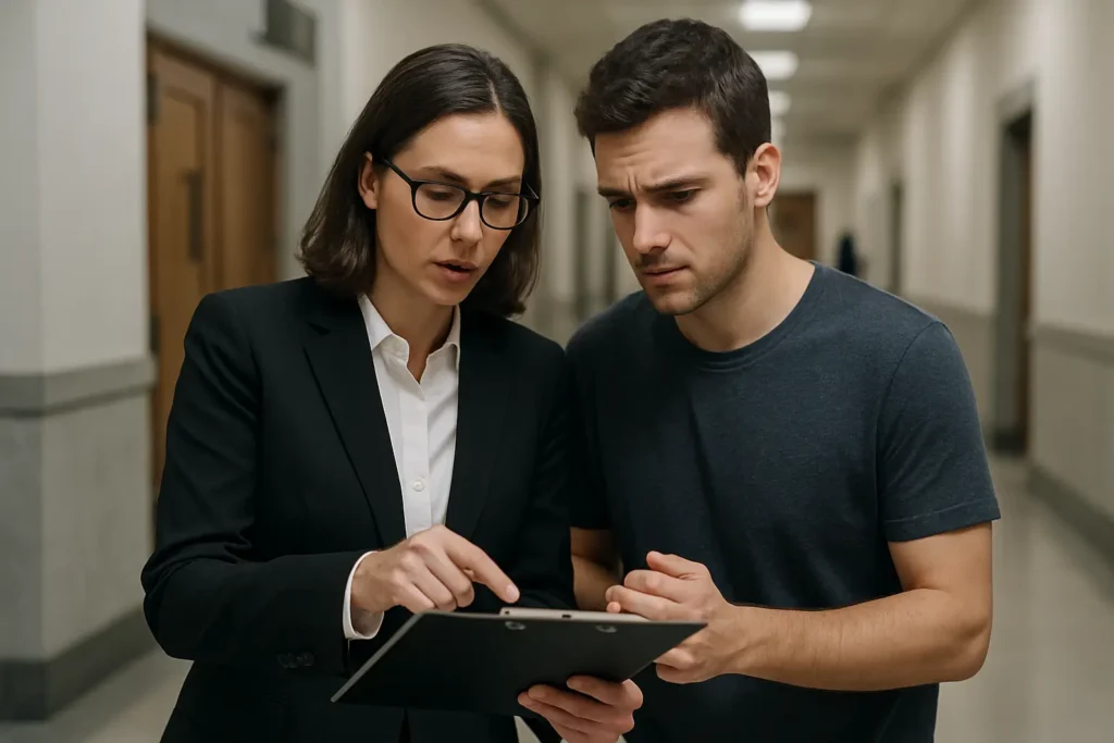 Abogada penalista explica una conformidad a su cliente en el pasillo del juzgado de Pontevedra antes de un juicio rápido.