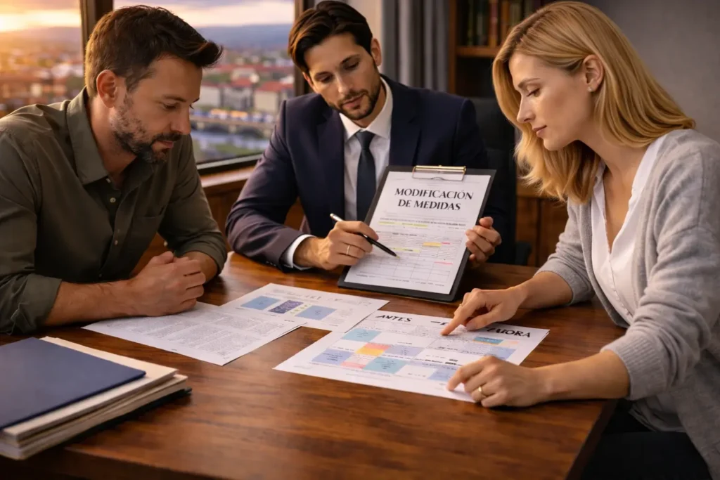Pareja separada revisando con abogado en Pontevedra la modificación de medidas familiares