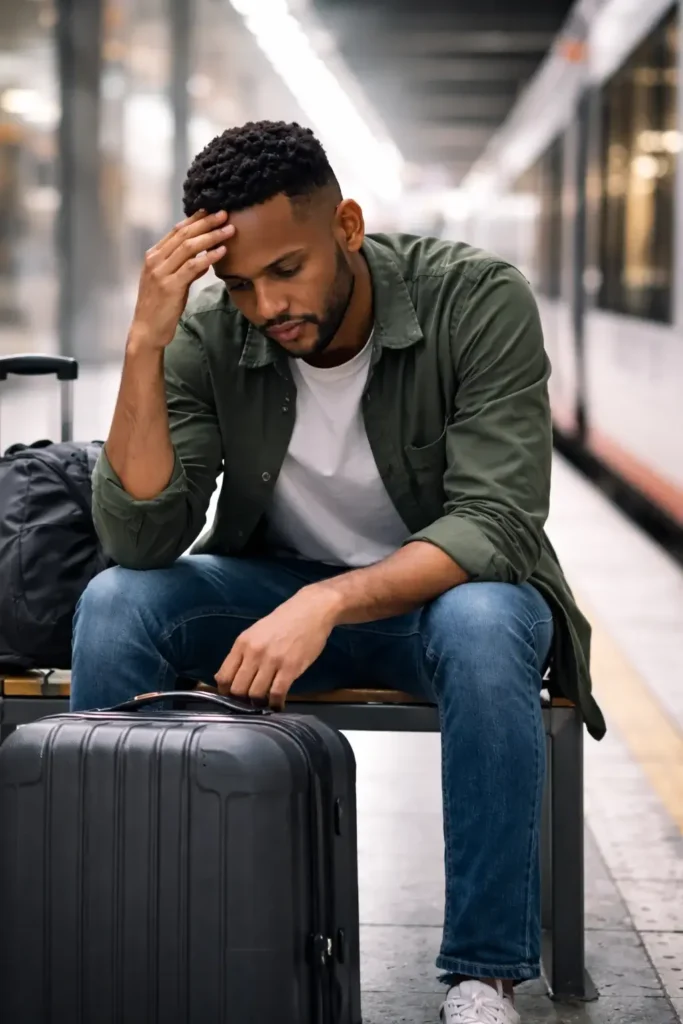 Joven africano en una estación de tren en Pontevedra con una maleta, simbolizando una orden de expulsión en trámite tras una denegación de extranjería