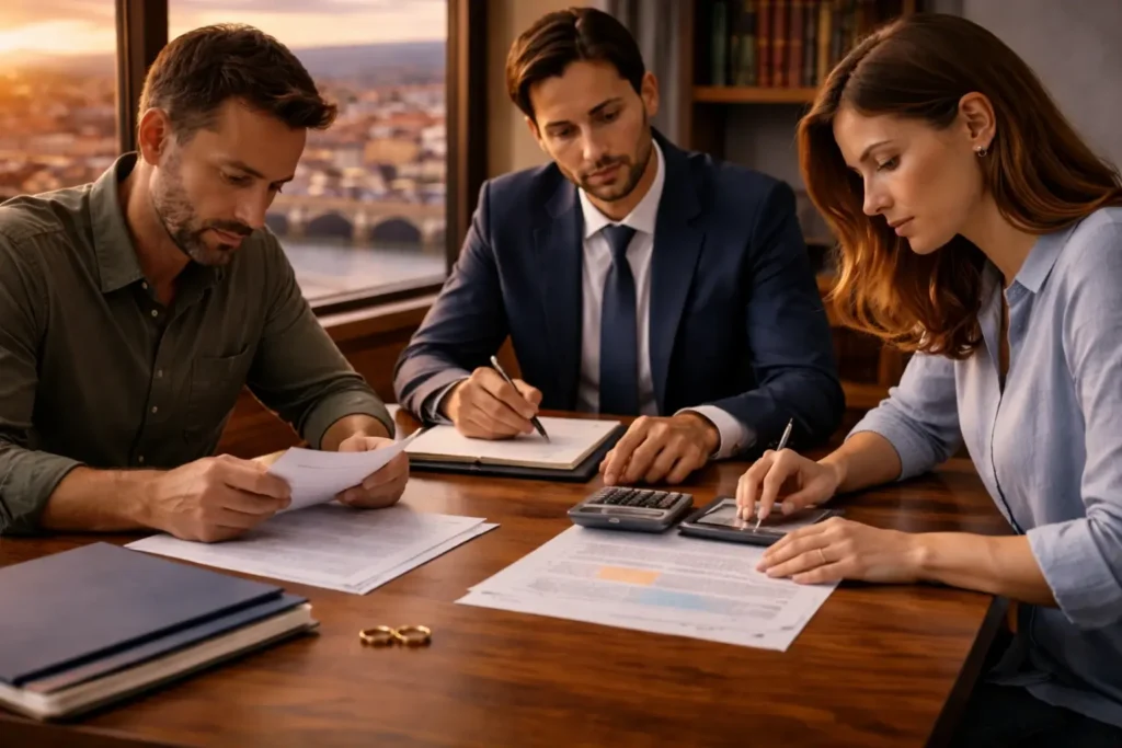 Pareja separada revisando cálculo de pensiones con abogado de familia en Pontevedra
