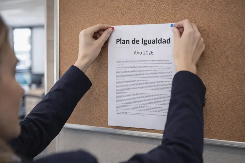 Abogado laboral en Pontevedra asesora a empresas en la implantación de protocolos: una trabajadora coloca el Plan de Igualdad 2026 en el tablón de anuncios de la oficina