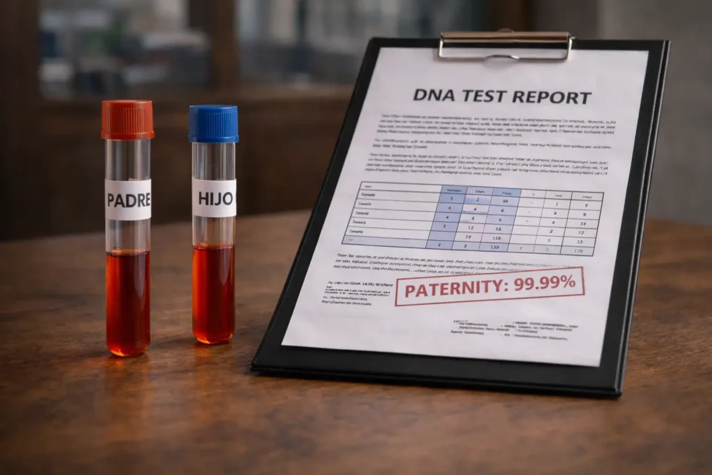 Tubos de ensayo etiquetados para prueba de ADN en laboratorio forense, representando análisis de paternidad legal.