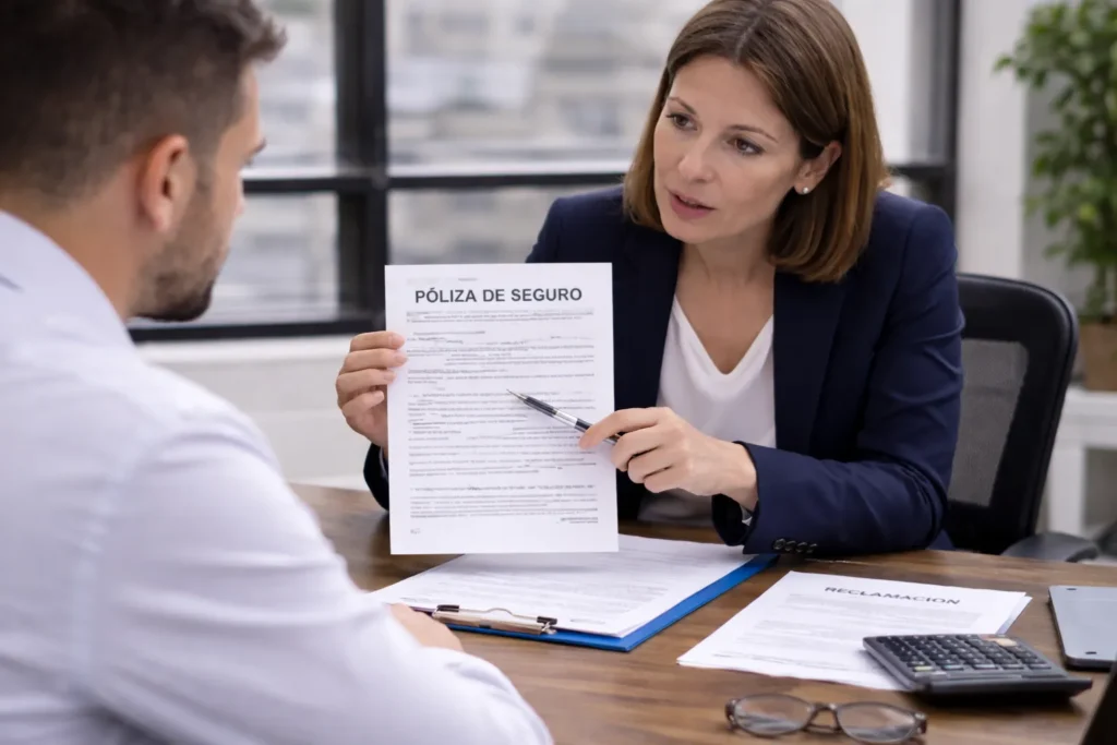 Abogada especialista en Pontevedra revisa documentación de seguros junto a un cliente que busca reclamar a su aseguradora tras un accidente de tráfico.