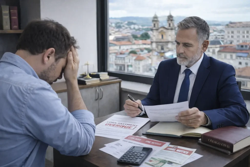 Reunión entre abogada civil y cliente por reclamación de deuda en Pontevedra