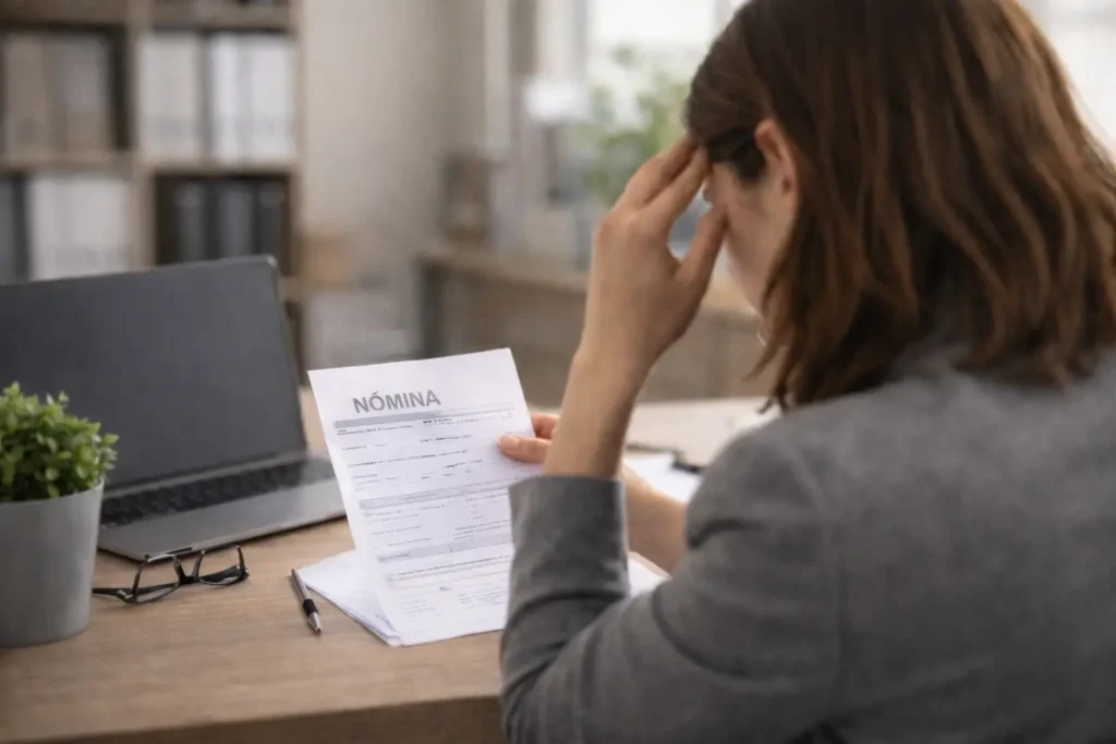 Abogada laboralista en Pontevedra revisando una nómina impagada junto a una trabajadora preocupada por el retraso en el pago de su salario.