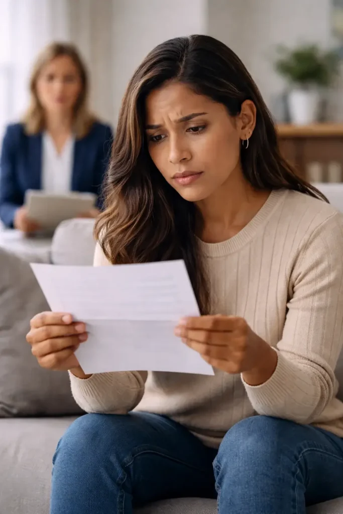 Abogada de extranjería en Pontevedra asesora a una mujer latina tras recibir la notificación de una denegación de residencia: revisión de documentos y preparación de recurso.