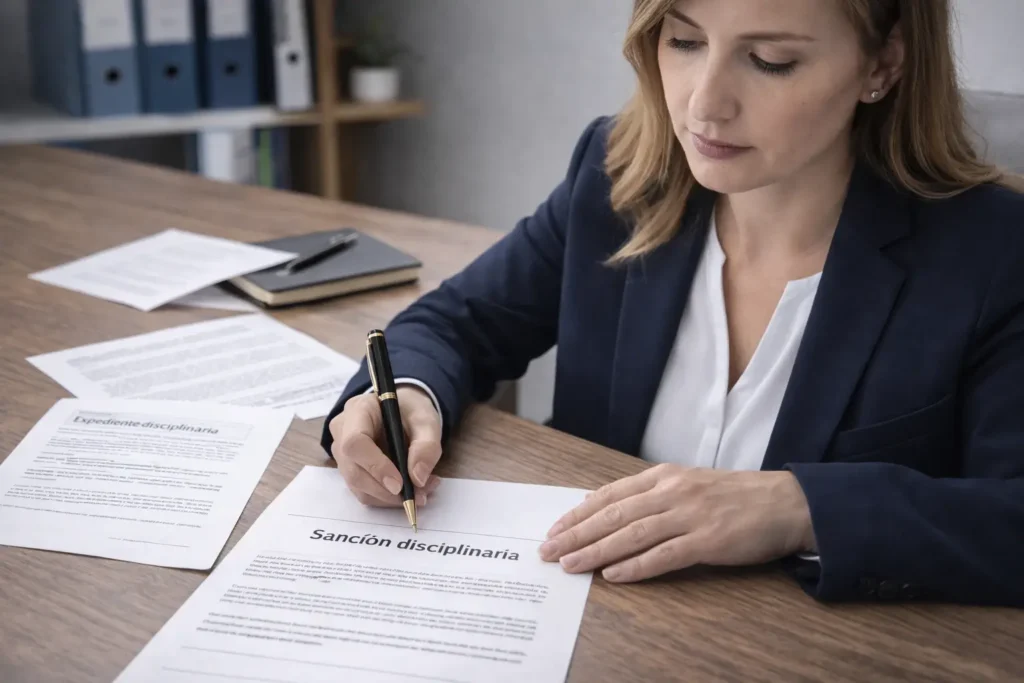 Abogado laboral en Pontevedra para régimen disciplinario: responsable de RRHH firma una sanción laboral en la empresa, con documentación de expediente disciplinario.