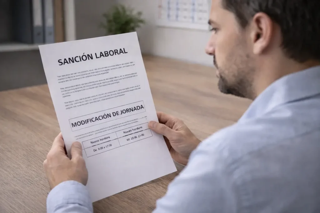 Abogado laboral en Pontevedra frente a sanciones o modificaciones de jornada: trabajador revisa un documento de sanción laboral con cambio de horario en su oficina.