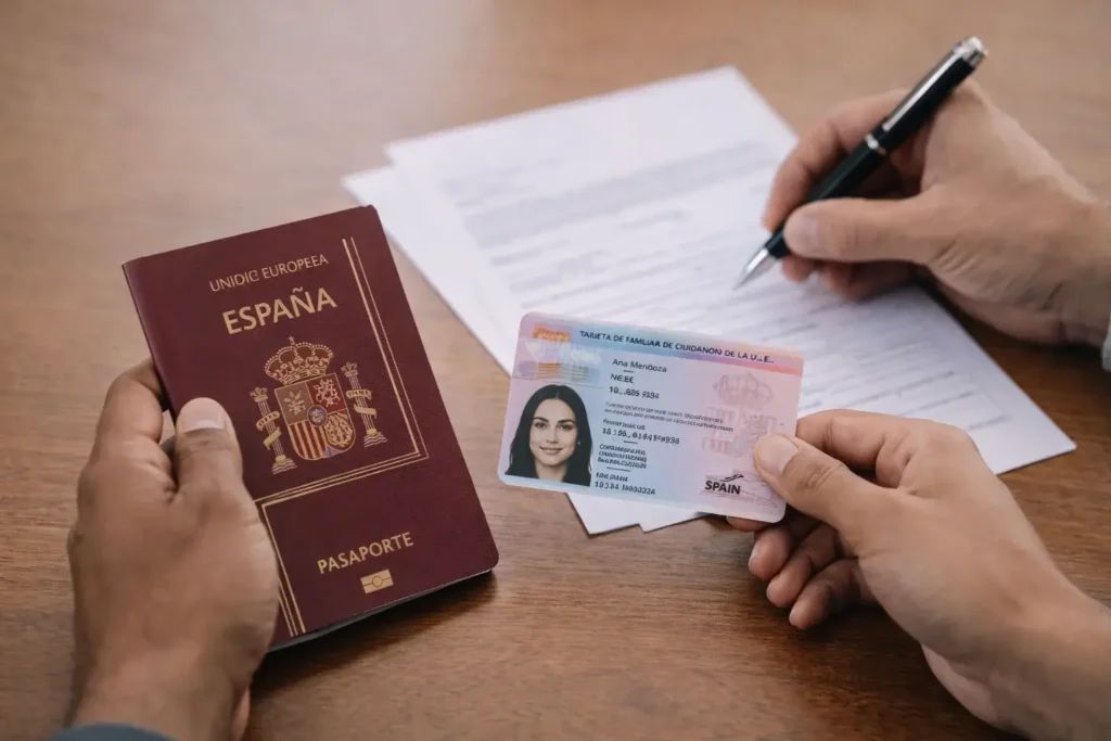 Documentación para tarjeta de familiar de ciudadano de la UE revisada por abogado de extranjería en Pontevedra: pasaporte europeo y NIE sobre la mesa.