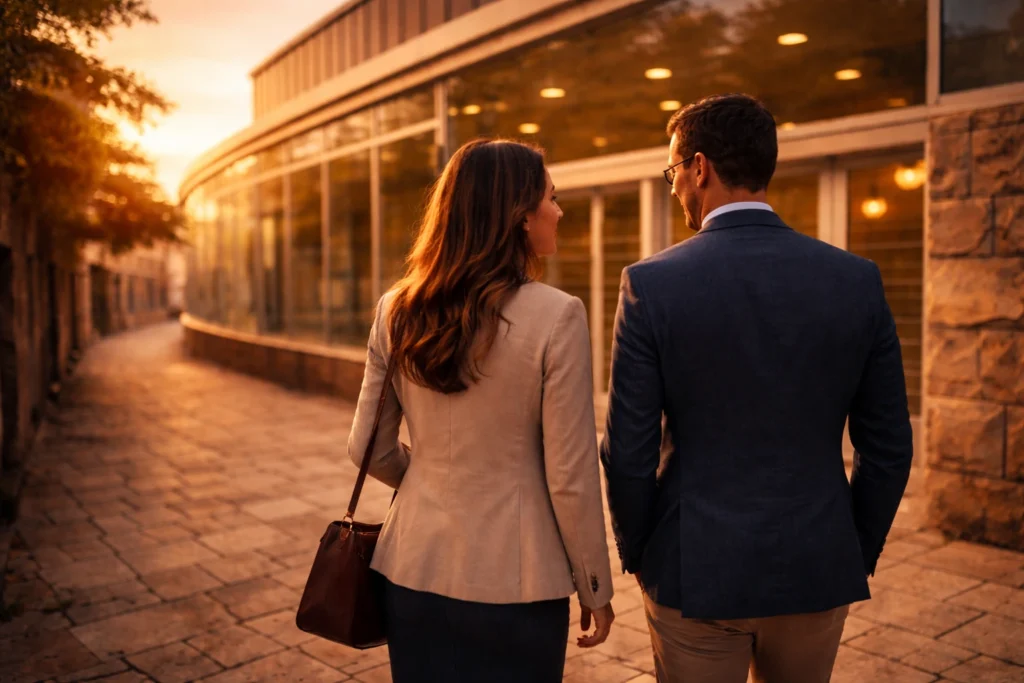 Abogada de familia en Vigo caminando junto a su cliente hacia el Registro Civil
