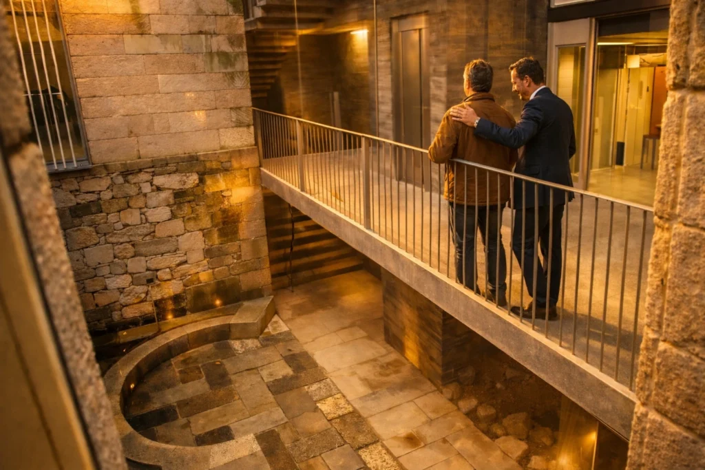 Abogado especializado en derecho civil en Vigo acompaña a un cliente por el interior del Registro de la Propiedad, representando el compromiso de Lexgalia con el asesoramiento cercano y la defensa legal eficaz.