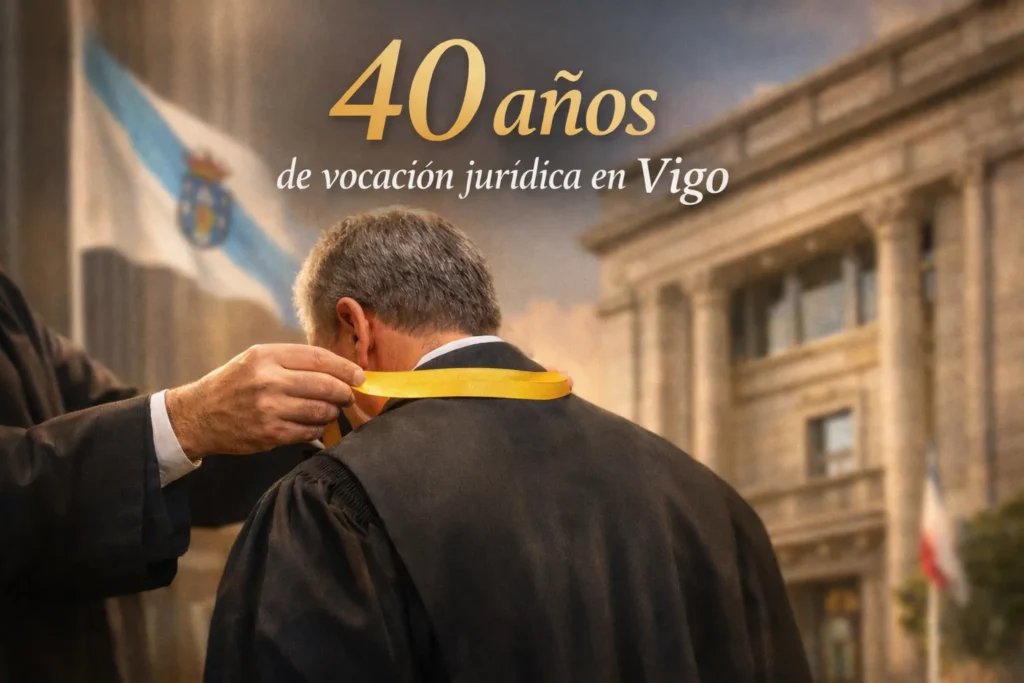 Abogado recibiendo una condecoración simbólica en un acto solemne en Vigo por sus 40 años de ejercicio profesional