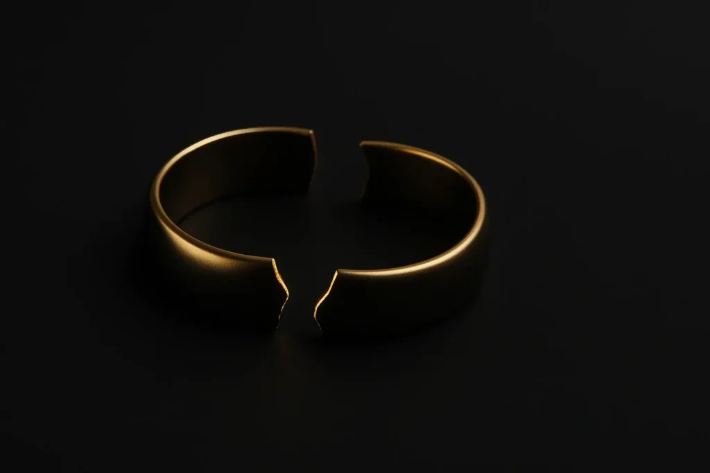 Anillo dorado partido sobre fondo negro, simbolizando un divorcio, acompañado del texto sobre servicios de divorcio y separación ofrecidos por los abogados de familia en Vigo de Lexgalia.