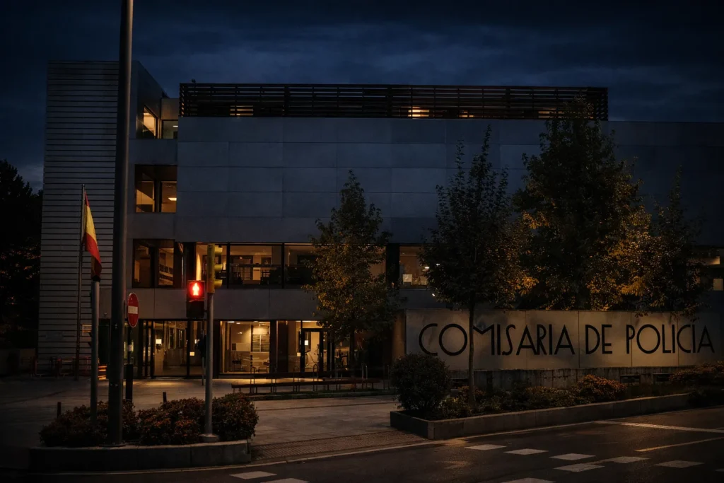 Comisaría de Policía Nacional en Vigo iluminada al anochecer