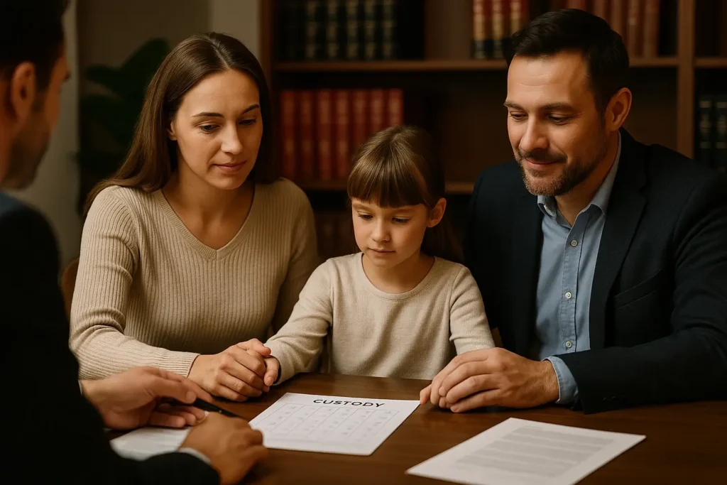 Abogada de familia de Lexgalia asesora a unos padres sobre custodia compartida y régimen de visitas en Vigo, en un entorno profesional y empático.