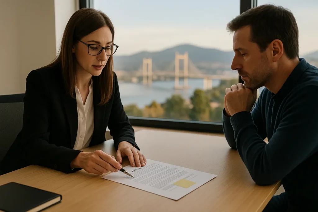 Abogada revisando un contrato con un cliente en Vigo para reclamar incumplimientos y daños civiles.