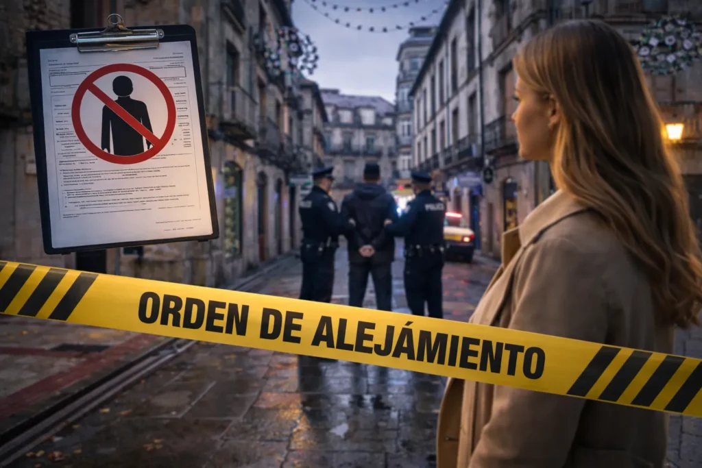 Ilustración conceptual de una orden de alejamiento en Vilagarcía con escena urbana de la calle A Baldosa