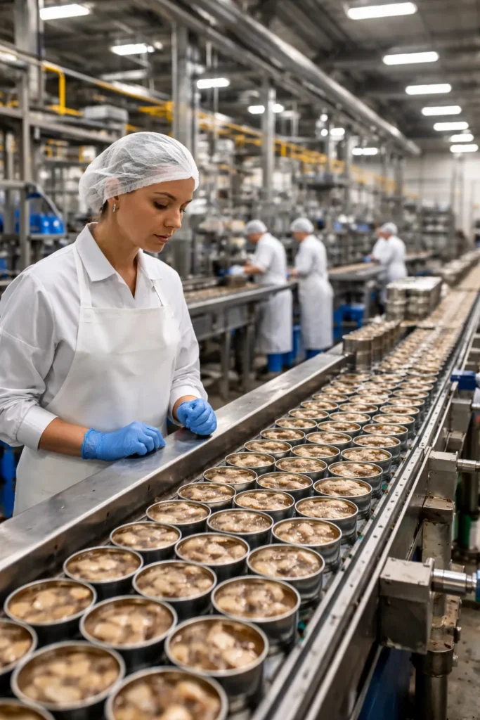Interior de fábrica de conservas en Vilagarcía representando el contexto laboral de las protestas sindicales por el convenio colectivo