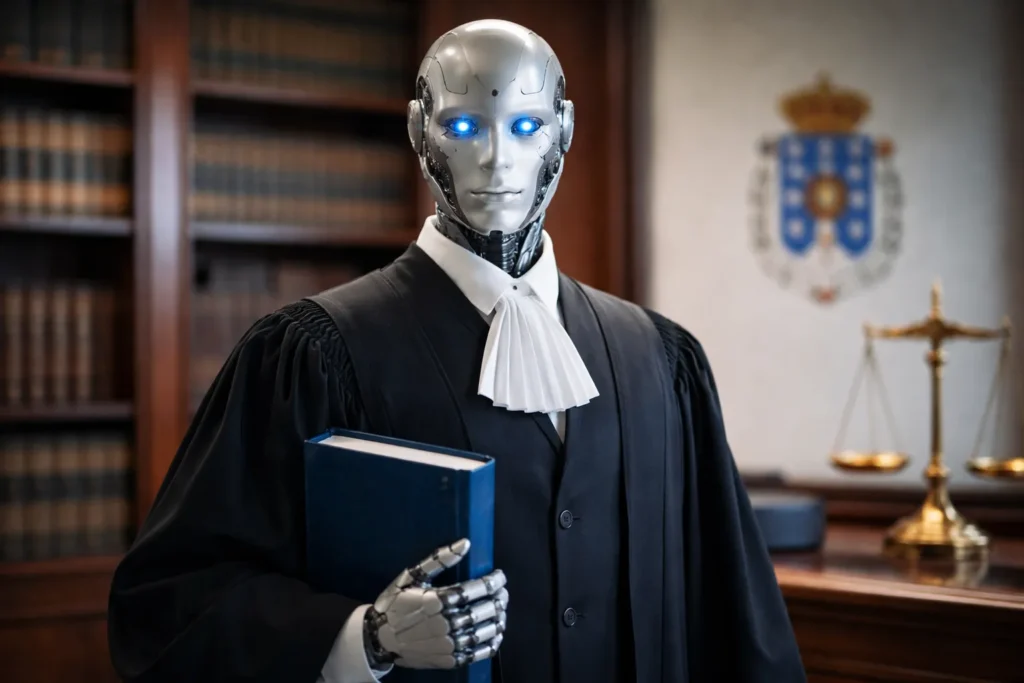 Humanoide con toga de abogado representando el uso de inteligencia artificial en el ejercicio legal, dentro de un entorno profesional