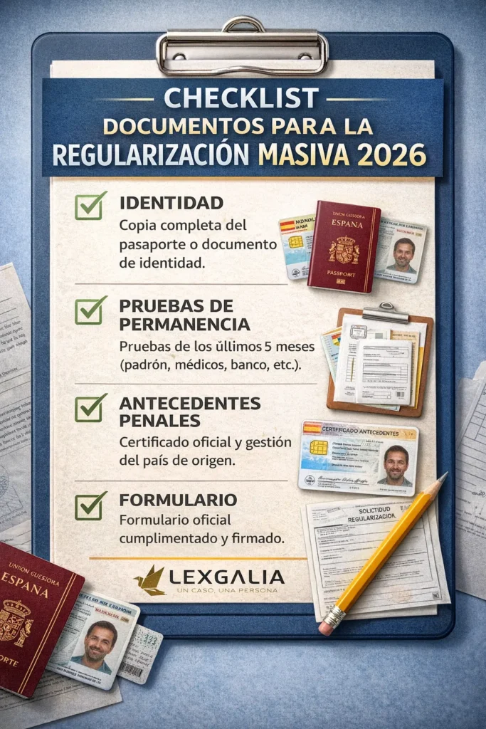 Checklist con los documentos necesarios para solicitar la regularización masiva 2026 en España: identidad, pruebas de permanencia, antecedentes penales y formulario.