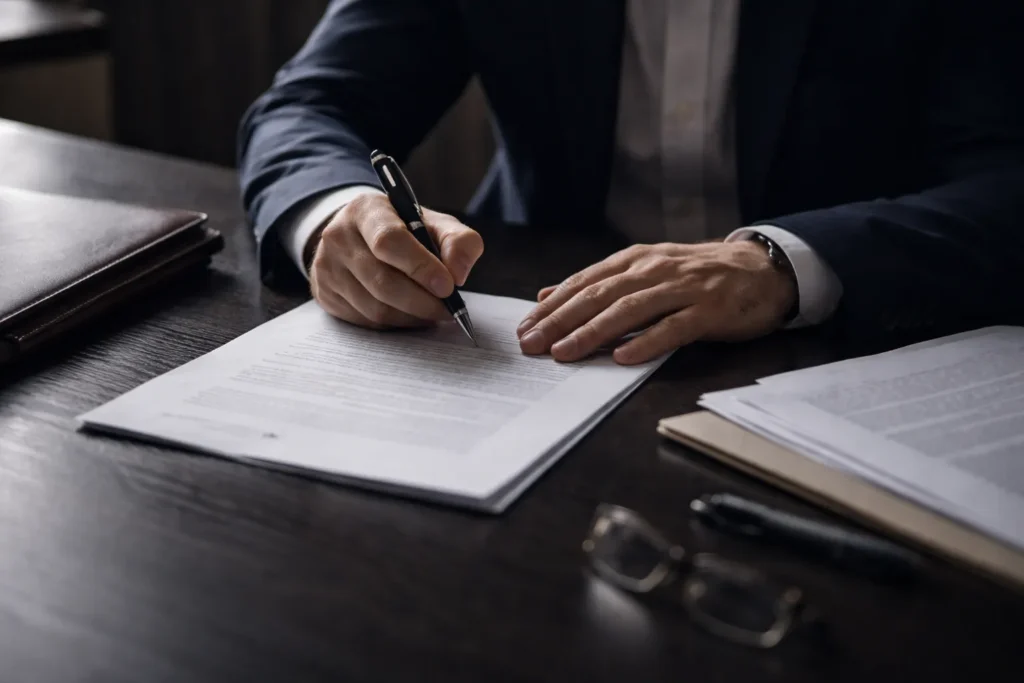 Firma de un documento en una mesa de despacho