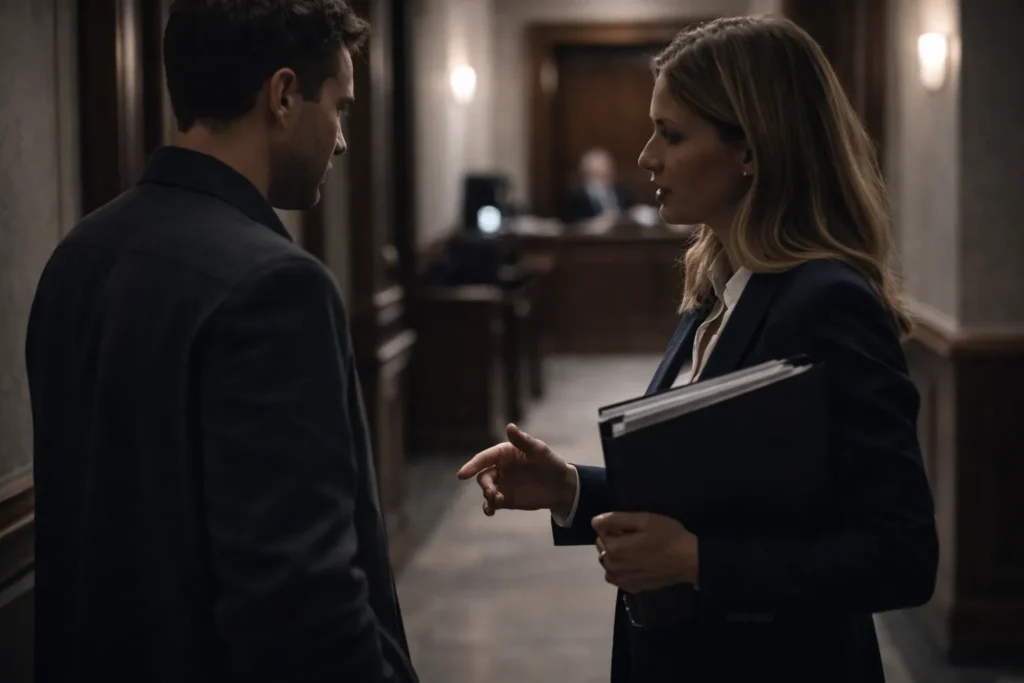 Abogada hablando con su cliente antes de una vista judicial