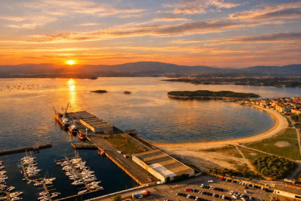 Vista aérea de la playa de A Concha, el puerto, el peirao y la playa de Compostela en Vilagarcía de Arousa