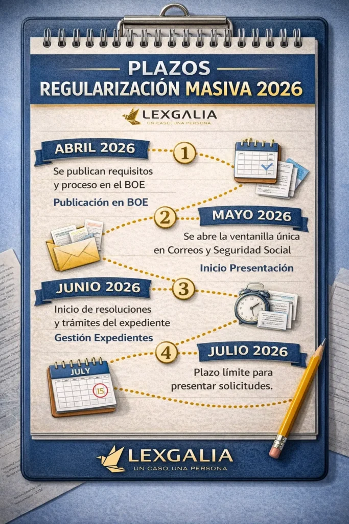 Infografía con los plazos y fechas clave de la regularización masiva 2026 en España, con línea temporal de abril a julio y logo de Lexgalia.
