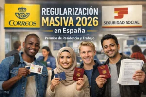 Personas migrantes mostrando documentos en una oficina, con referencia a la regularización masiva 2026 en España y ventanillas en Correos y Seguridad Social.