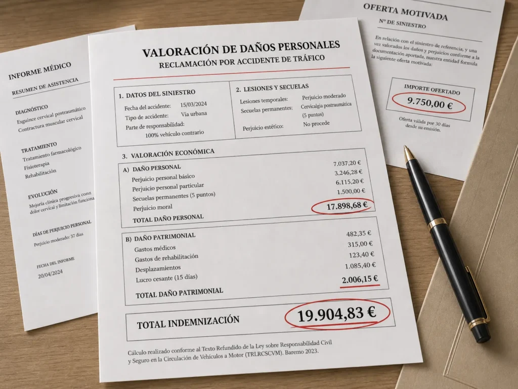 Valoracion de indemnizacion por accidente de trafico en Vilagarcia de Arousa con informe medico y oferta de aseguradora